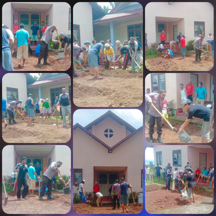 Bentuk Kebersamaan Bhabinkamtibmas Desa Kolilanang, Bantu Warga Kerja Bakti Pembangunan Jalan Depan Gereja St. Petrus
