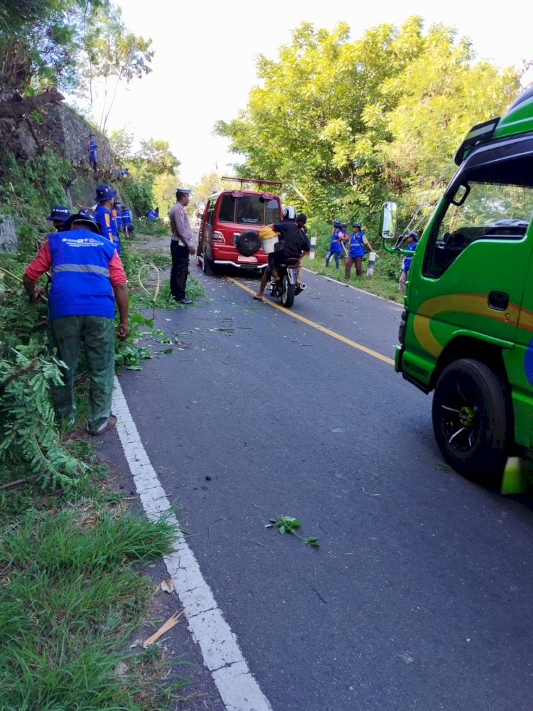 Antisipasi Kecelakaan Lalu Lintas, kolaborasi Polres Flotim dan Kelompok Siaga Bencana Desa Mokantarak Bersihkan Pohon.